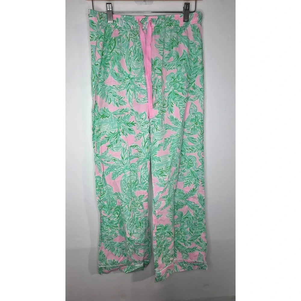 Lilly Pulitzer Pajama Set Pink Green Palm Print Long Sleeve Top Pants Small